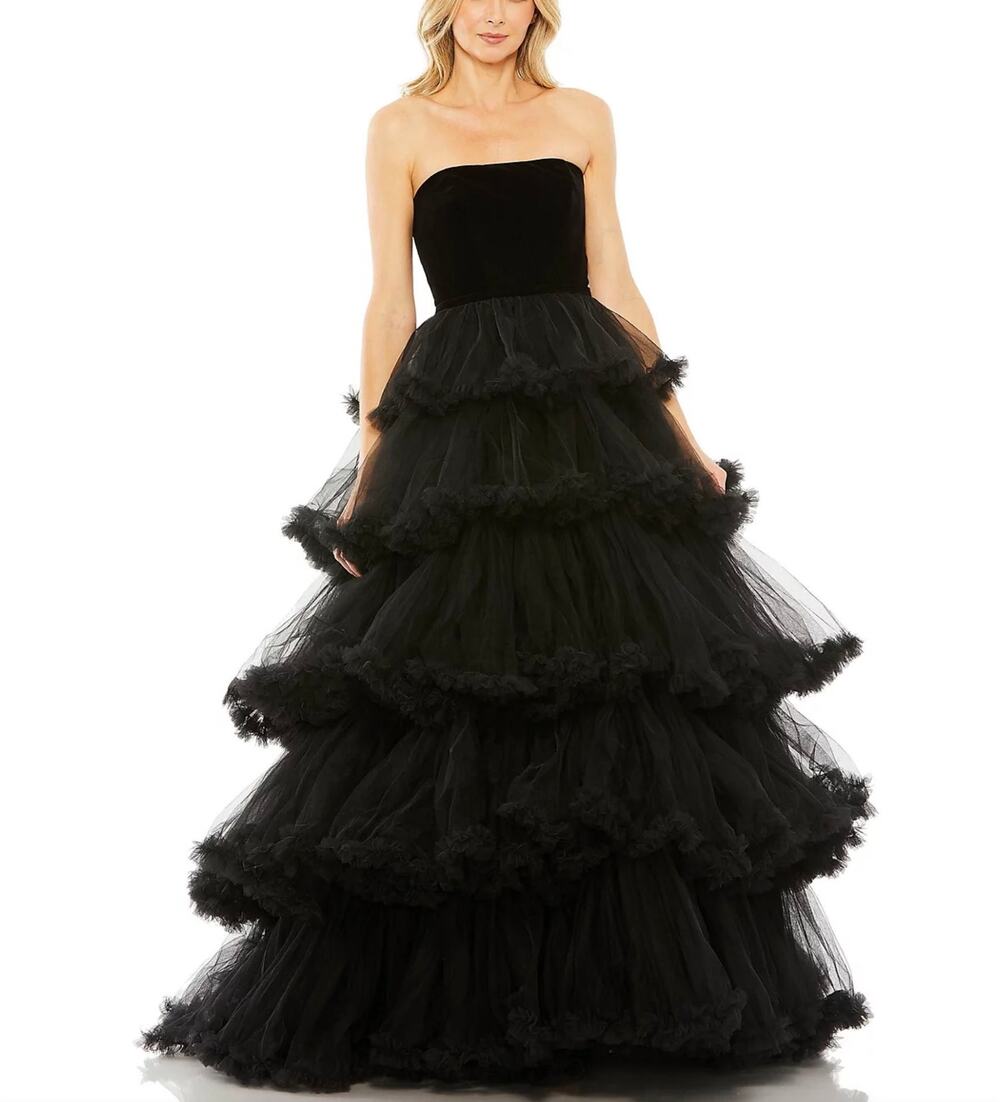 Mac Duggal 67408 Black Ball Gown Velvet Tulle Strapless Ruffled Dress Size 12